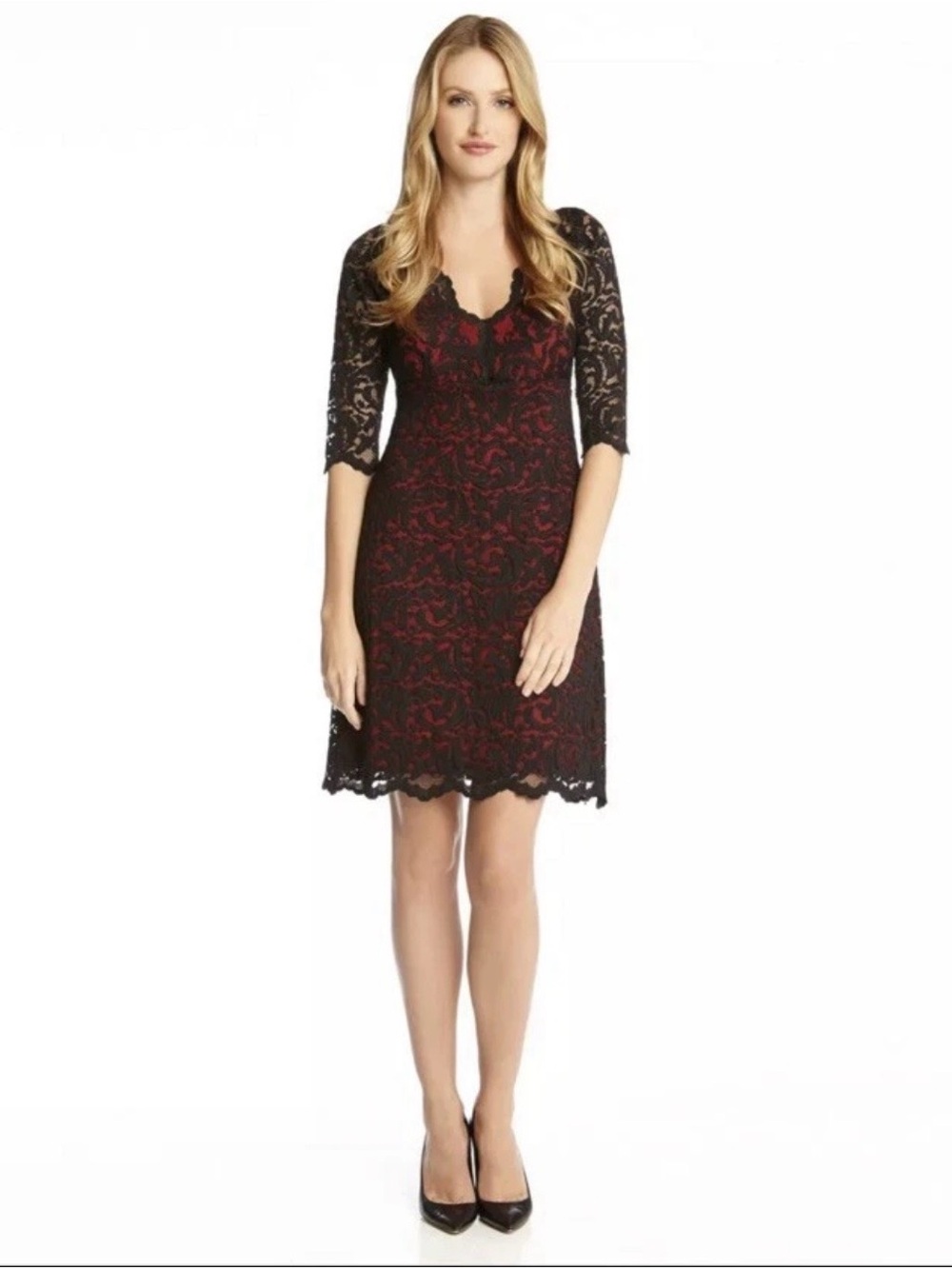 Karen Kane Black & Red Floral Lace Overlay Cocktail Dress Sexy XL Bodycon